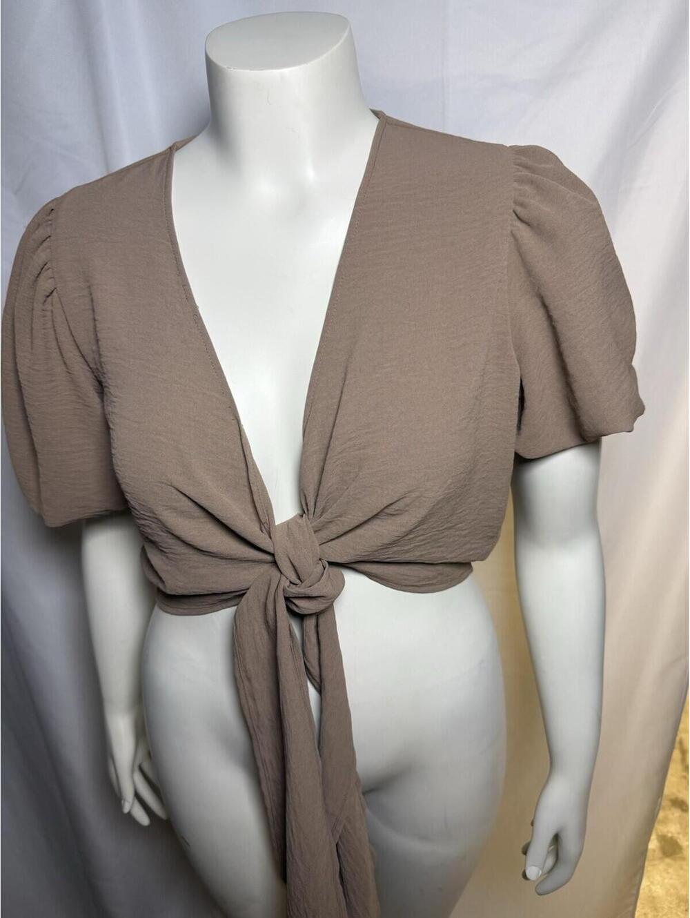 Altar'd State Brown Tie Front Crop Top Puff Sleeve Boho Blouse Medium